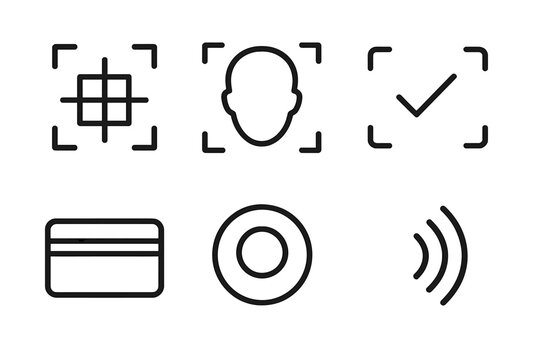Touchless Face Payment Icons. Line vector icons of touchless face payment: scan grid, facial silhouette, confirmation arc, card