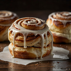 Warm freshly baked cinnamon rolls stacked high with frosting drizzle