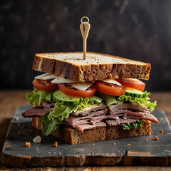 Delicious beef club sandwich with fresh vegetables and hearty bread