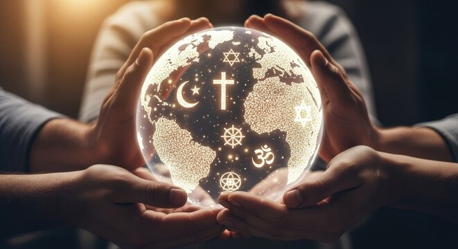 Diverse hands gently hold a brilliant world globe adorned with sacred spiritual symbols. Global faiths unite, promoting peace, understanding, and universal harmony among all beliefs.