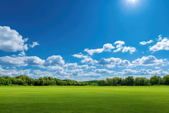 Wide grassy field under a bright blue sky filled with fluffy white clouds and a shining sun