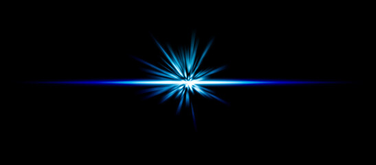 Blue glowing light burst with horizontal beam on black background