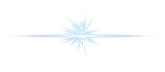 Blue glowing light burst with horizontal beam on transparent background