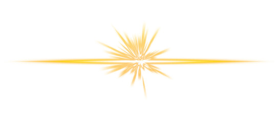 Golden glowing light burst with horizontal beam on transparent background
