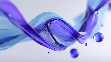Abstract, flowing, layered ribbons of translucent blue and purple material with floating spheres
