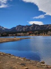 Calm blue lake surrounded by mountains under clear sky