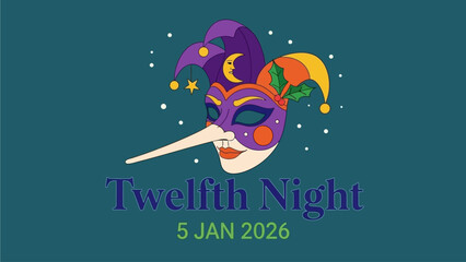 Vibrant Twelfth Night mask with colorful jester's hat and festive design