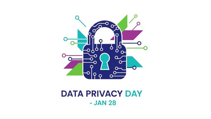 Data Privacy Day graphic with padlock and circuit board design elements