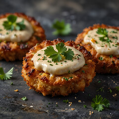 Golden brown crab cakes topped with creamy sauce and herbs