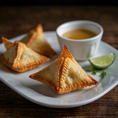 Delicious crab rangoon served with dipping sauce and lime wedge