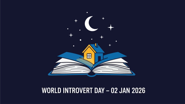 Cozy home nestled in an open book under starry night sky with crescent moon on World Introvert Day