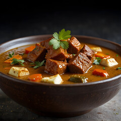 Rich steaming bowl of thick curry with fresh vegetables and herbs