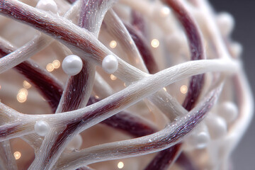 An abstract macro image of interwoven fibers with a translucent texture and luminous spherical elements.  