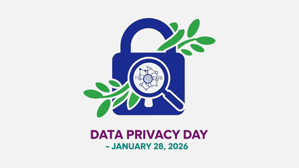 Data Privacy Day graphic with lock and magnifying glass