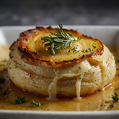 Dauphinoise potatoes topped with herbs in a rich sauce