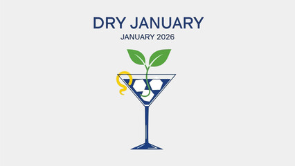 Dry January campaign symbol with green sprout in cocktail glass