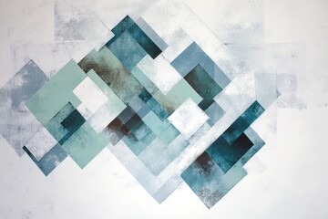Overlapping geometric shapes in shades of blue, aqua, and gray on a textured white background