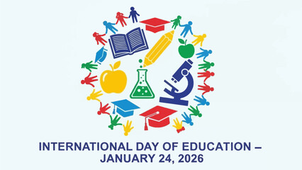 Vibrant International Day of Education celebration with diverse learning symbols