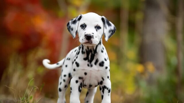Playful Dalmatian puppy stands in a sunlit autumn forest, curious gaze toward camera Soft fur glowup