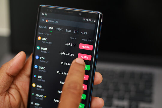 Close up of a person holding a smartphone displaying cryptocurrency trading charts with price
