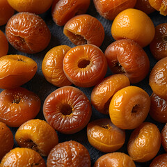 Plump dried apricots displayed in a closeup arrangement for snacking