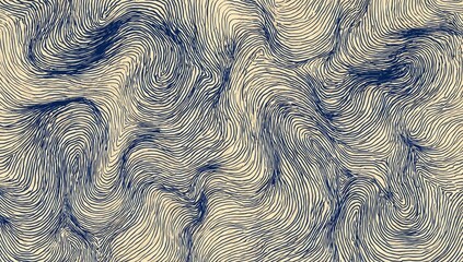 Abstract illustration of flowing, curving lines in a dark blue on a light beige background