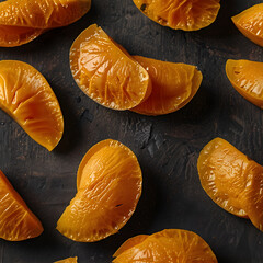 Dried mango slices perfectly arranged on a dark textured surface
