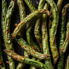 Delicious dry fried green beans served on a dark plate
