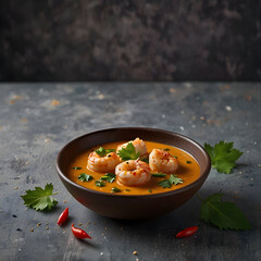 Prawn malai curry in a bowl with garnishes and spices