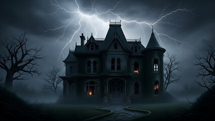 A spooky haunted mansion under a stormy sky with lightning, perfect for Halloween backgrounds