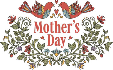 Floral Mother's Day Design With Birds And Heart Shaped Leaves