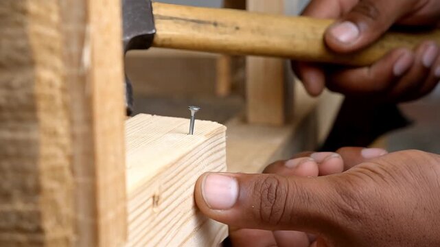 Carpenter hands hitting metal nail with hammer into light brown wooden plank in professional carpentry style for construction or DIY renovation project