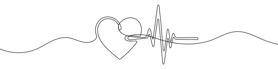 Heart and pulse line in one line art style. Drawing of a heart transitioning into a heartbeat graph, with black editable stroke © Erik