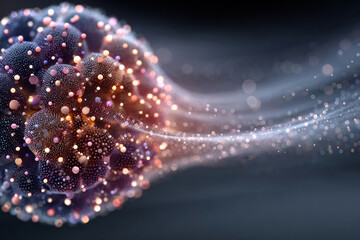 An abstract visualization featuring a cluster of glowing spheres and particles, combined into a dynamic shape reminiscent of cellular structure, microcosm, or energy flow.  