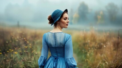 Video A woman stands in a green field wearing a blue dress and hat, ready for an outdoor adventure