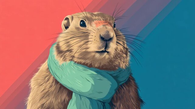 Illustrated groundhog with blue scarf against a vibrant background - concept of groundhog day celebration