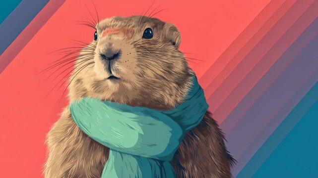 Whimsical groundhog wrapped in blue scarf against gradient background celebrating groundhog day tradition