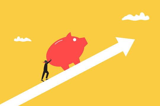 Businessman push big piggy bank up rising graph and arrow. Saving or investment profit, compound interest graph or wealth incremental, investment earning from stock market or mutual fund