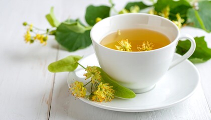 Cup of linden tea with fresh linden flowers on white wooden background