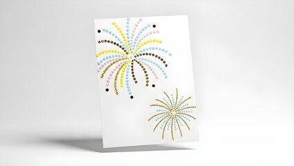 White vertical paper card with two fireworks illustrations made of small colorful dots, casting a shadow on a light gray background