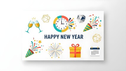 Happy New Year Celebration Illustration Set with Countdown Clock, Champagne, and Party Elements