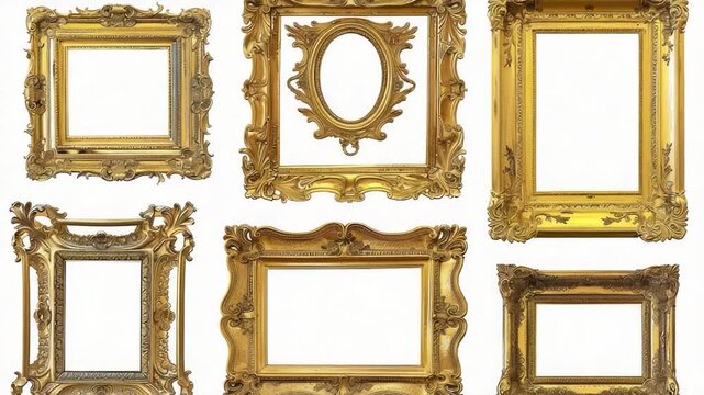Video A set of six gold picture frames on a white background, suitable for framing and display