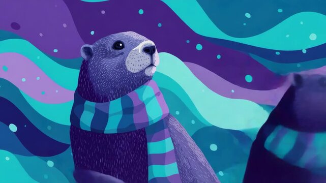 Adorable groundhog with a colorful scarf against a surreal night sky background, celebrating the folklore tradition of groundhog day