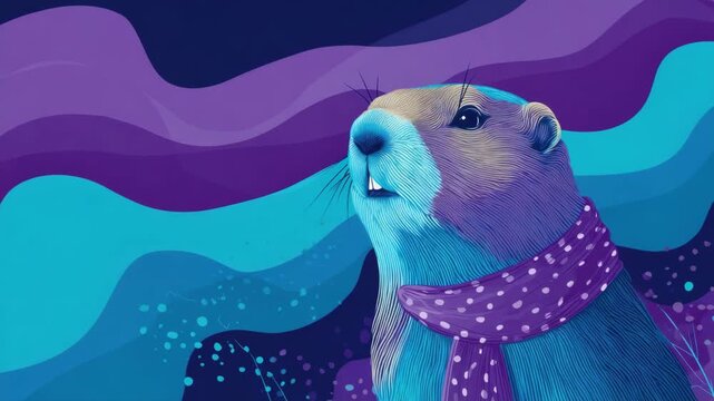 Colorful groundhog portrait in vibrant scarf with abstract background celebrating groundhog day concept