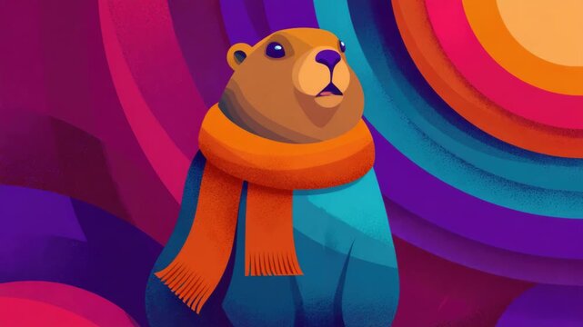 Vibrant groundhog with orange scarf in colorful abstract background celebrating the anticipation of spring on groundhog day