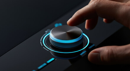 Hand adjusting illuminated control knob on sleek black audio equipment surface