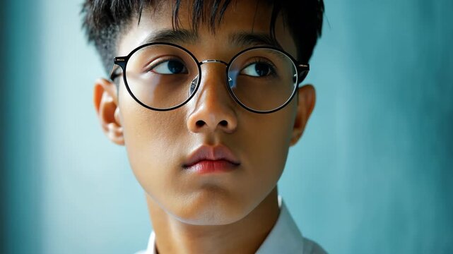 Thoughtful Gaze: A close-up portrait of a young man with round glasses, his eyes gazing thoughtfully off to the side, capturing a moment of contemplation.