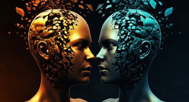 Dual heads forged from fragmented shards gaze at each other in contrast