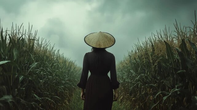 Silent Passage: A solitary figure, clad in traditional attire and a conical hat, ventures through a verdant cornfield under a brooding sky, navigating the path toward an uncertain future.