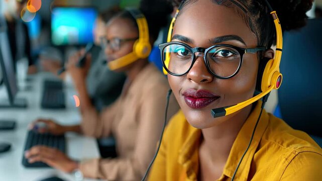 Service Excellence: A customer service representative exudes warmth and professionalism while providing assistance through a headset, symbolizing dedication to support. 
